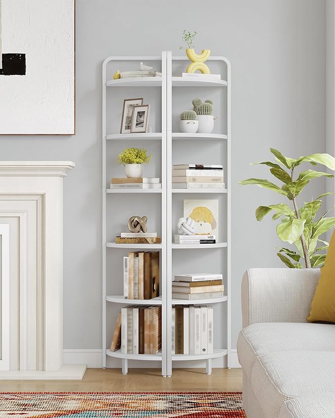 Corner Shelf Stand, Corner Bookshelf, Plant Shelf, Corner Display Rack, Standing Shelf with Metal Frame for Living Room, Bathroom, Kitchen, Industrial Style, 6 Tier White CS06613W
