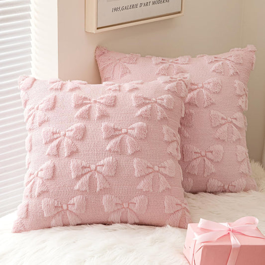 MIULEE Light Pink Bow Pillow Covers Coquette Room Decor Aesthetic Set of 2 Decorative Cute Girl Christmas Throw Pillow Soft Plush Faux Pillowcase for Girl Bed Couch Sofa,20x20 Inch