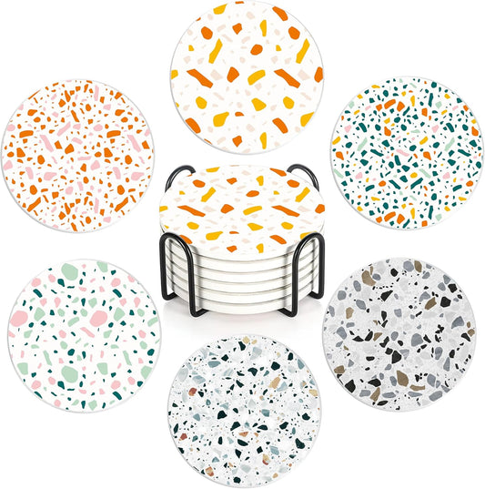 Drink Coasters with Holder,6 Pcs Terracotta Polka Dots Design, Water-Absorbent Beverage Pads for Dining Table Decor & Glass Protection