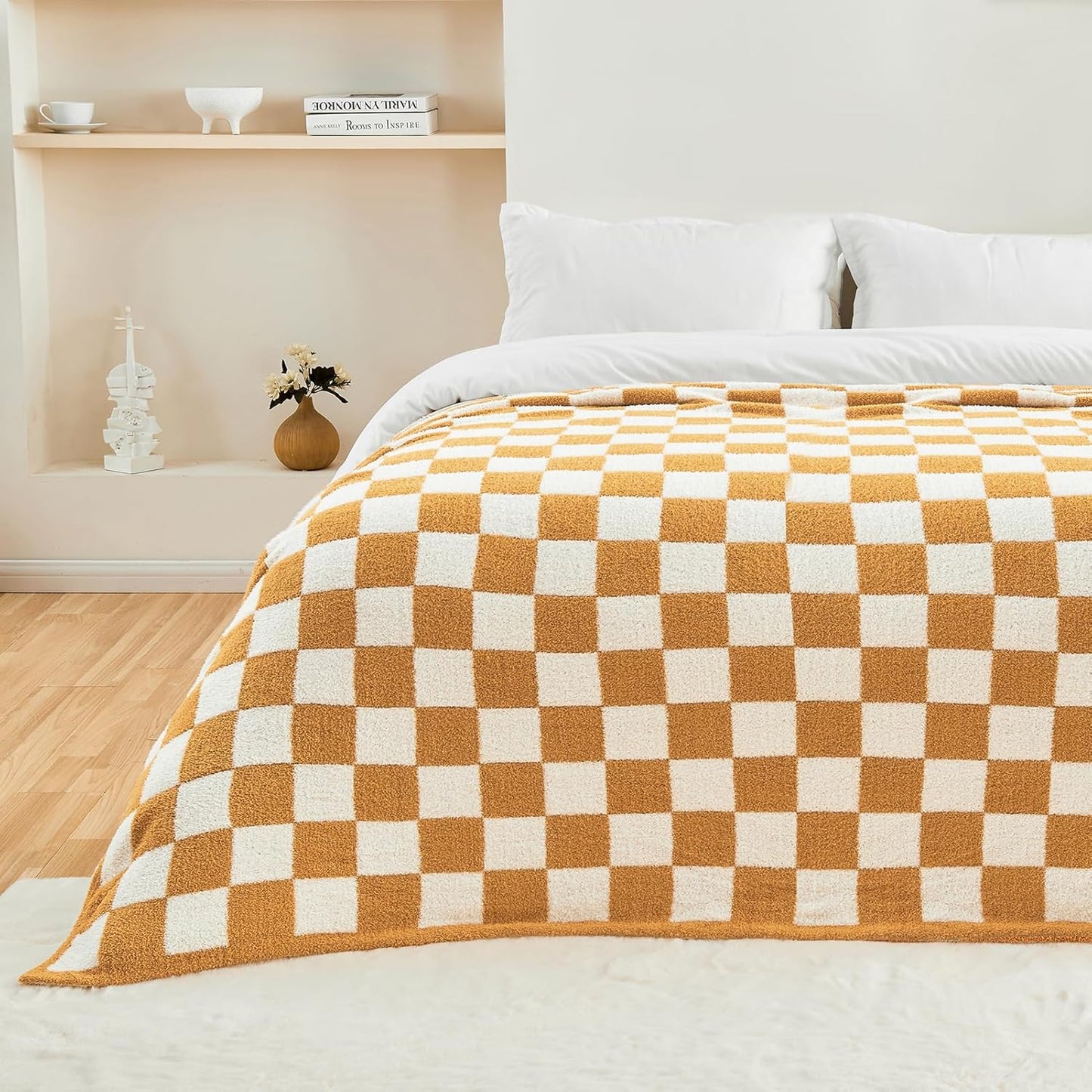 CozeCube Super Soft Fullfy Microfiber Reversible Knitted Blankets, Warm Cozy Fuzzy Plush Throw, Orange and White Checkered Throw Blanket for Couch Bed Sofa, 60" x 80"