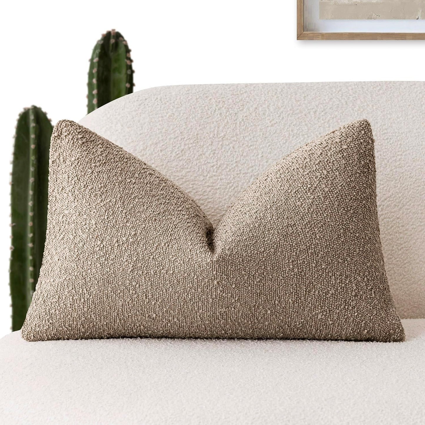 Foindtower Decorative Textured Boucle Throw Pillow Covers Accent Solid Lumbar Pillow Cases Neutral Cozy Couch Cushion Case for Chair Sofa Bedroom Living Room Home Decor 12x20 Inch,1PC,Light Khaki Tan