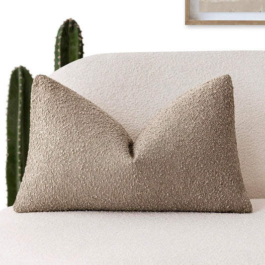 Foindtower Decorative Textured Boucle Throw Pillow Covers Accent Solid Lumbar Pillow Cases Neutral Cozy Couch Cushion Case for Chair Sofa Bedroom Living Room Home Decor 12x20 Inch,1PC,Light Khaki Tan