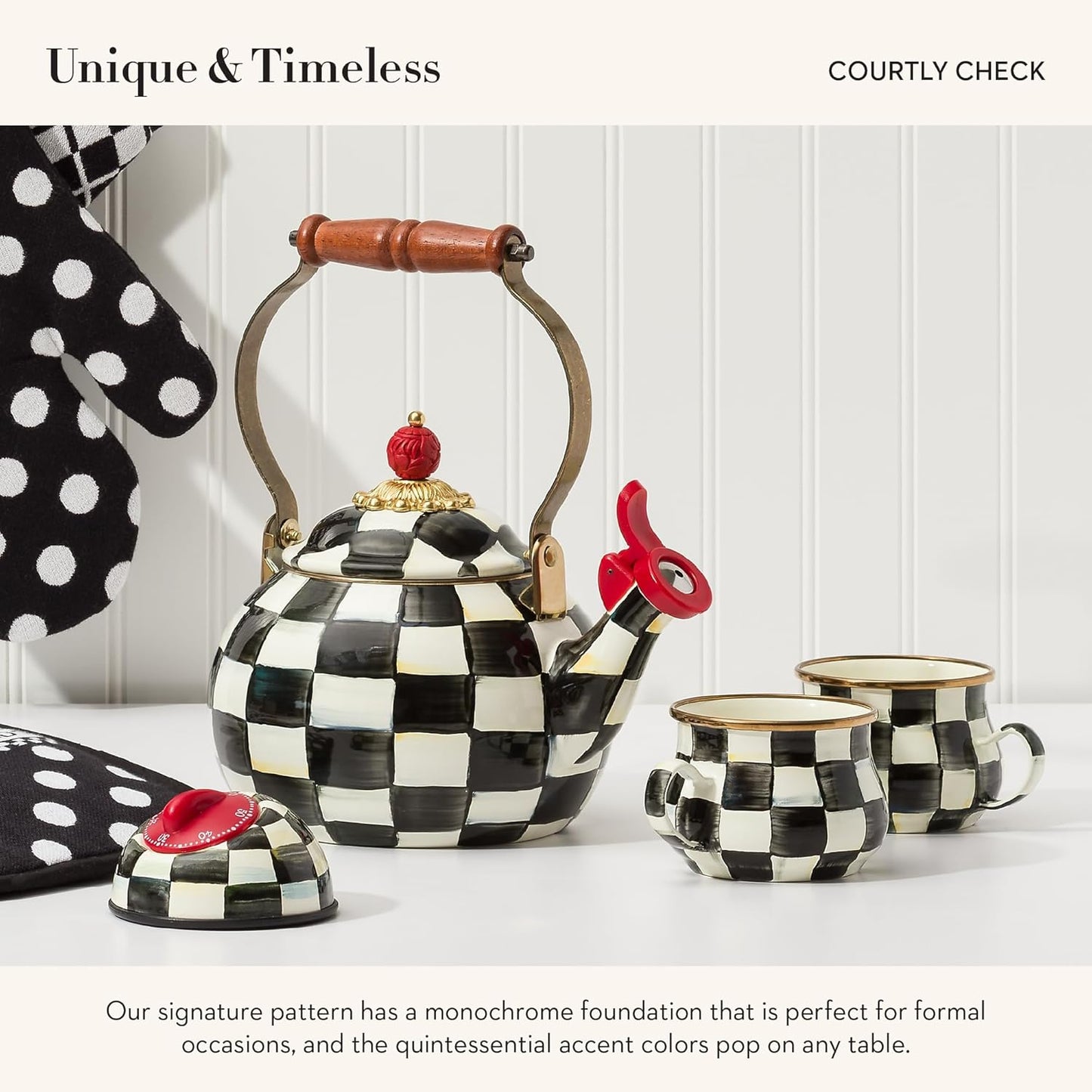 MACKENZIE-CHILDS Enamel Teacup, Unique Coffee and Tea Mug, Enamel Cup for Hot Tea, 10 Ounces, Black-and-White Courtly Check