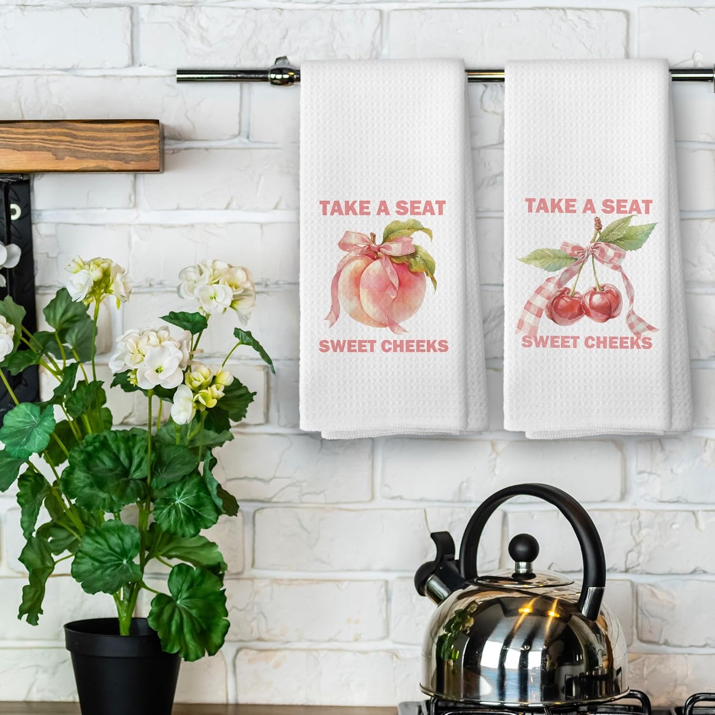 Funny Kitchen Towels - Humor Sarcastic Trendy Preppy Dish Towels, Coquette Retro Peach Cherry Decorative Absorbent Dishcloths Hand Towels Set of 2 for Kitchen Decor 16x24 Inches