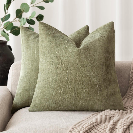 Foindtower Pack of 2 Soft Textured Chenille Throw Decorative Pillow Covers Square Accent Solid Cushion Cover Cozy Neutral Farmhouse Pillow Case for Couch Sofa Bedroom Living Room 26x26 Inch,Sage Green