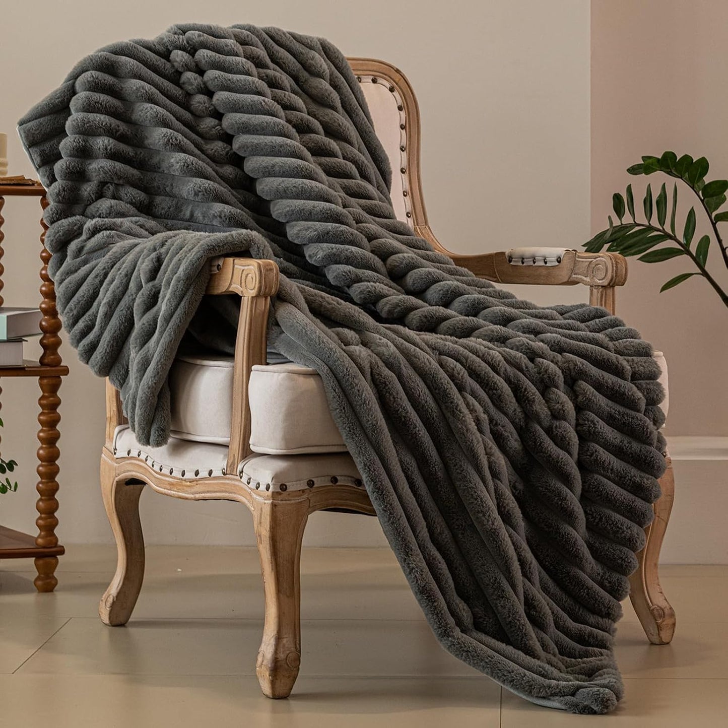 Grey Faux Fur Throw Blanket for Couch, Fuzzy Cozy Soft Warm Plush Striped Throw Blanket, Decorative Fluffy Winter Blanket for Sofa Chair Bed Living Room Home Decor, 60"x80"