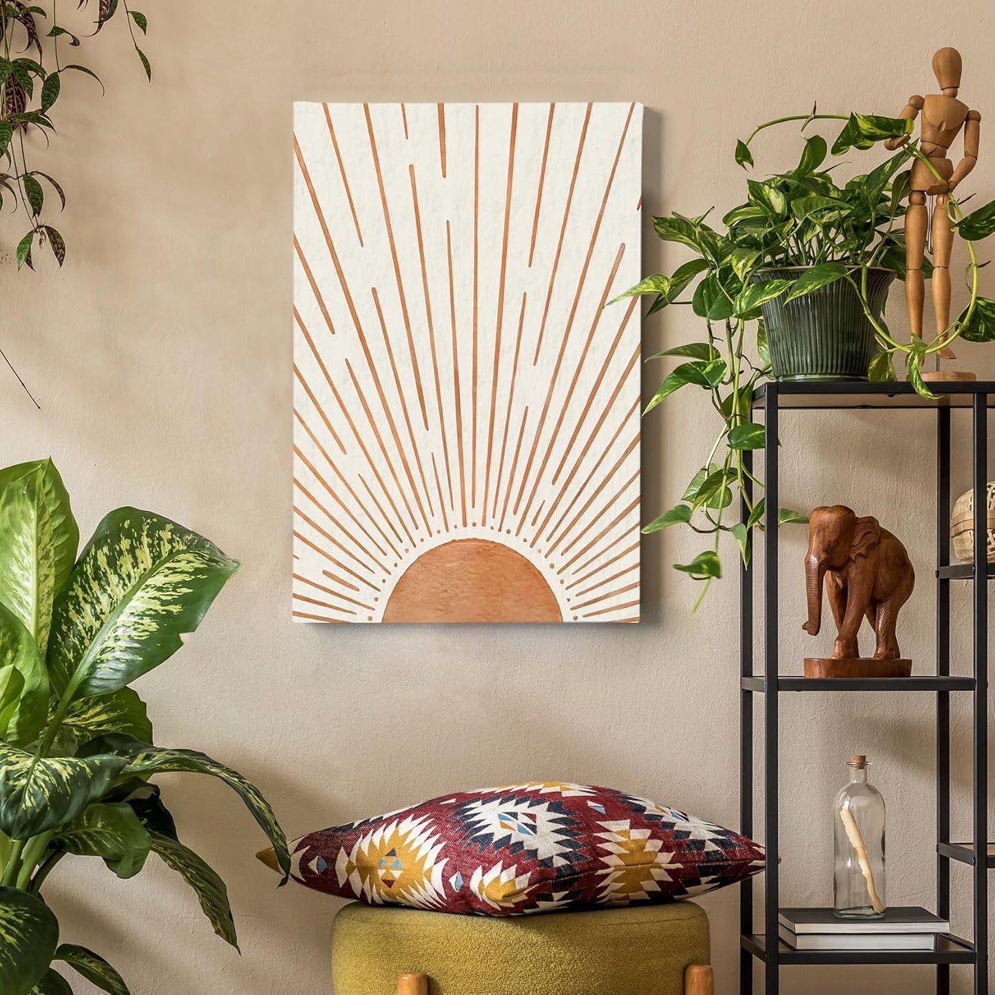 HIWX Vintage Abstract Boho Sun Framed Canvas Painting Wall Art Decor, Bohemia Boho Sunrise Sunshine Wall Art Artwork Home Decoration For Living Room Yoga Bedroom Bathroom 16x24 Inch