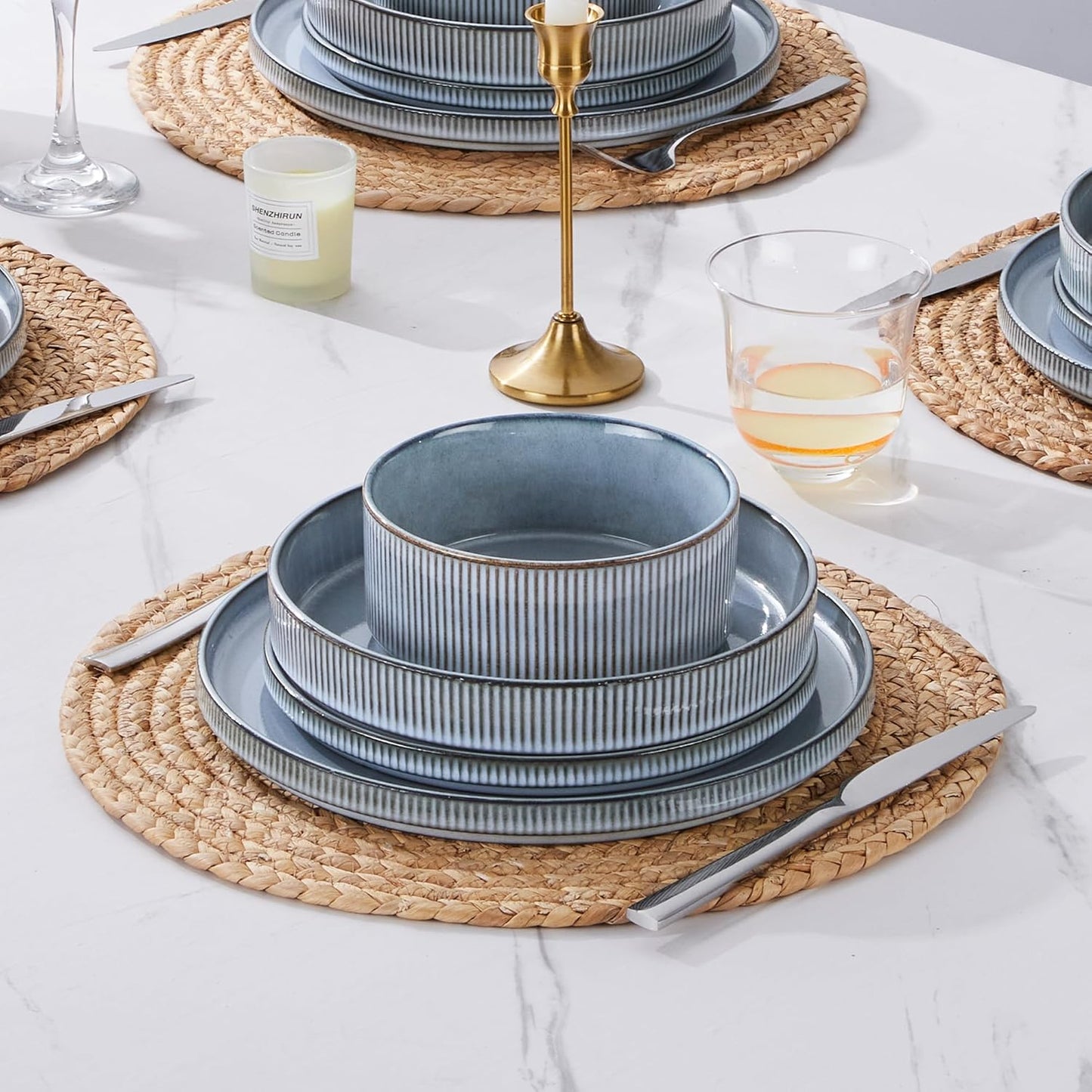 E-far 16 Piece Dinnerware Sets, Plates and Bowls with Pasta Bowls Service for 4, Modern Stoneware Ribbed Dishes for Kitchen Dining, Microwave & Dishwasher Safe, Dusty Blue