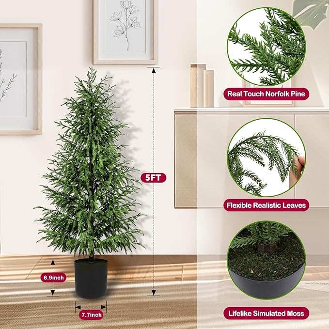 5FT Artificial Topiary Trees for Outdoor Front Porch Décor, Real Touch Norfolk Pine Tree, UV Rated Fake Potted Plants for Indoor and Outdoor Use
