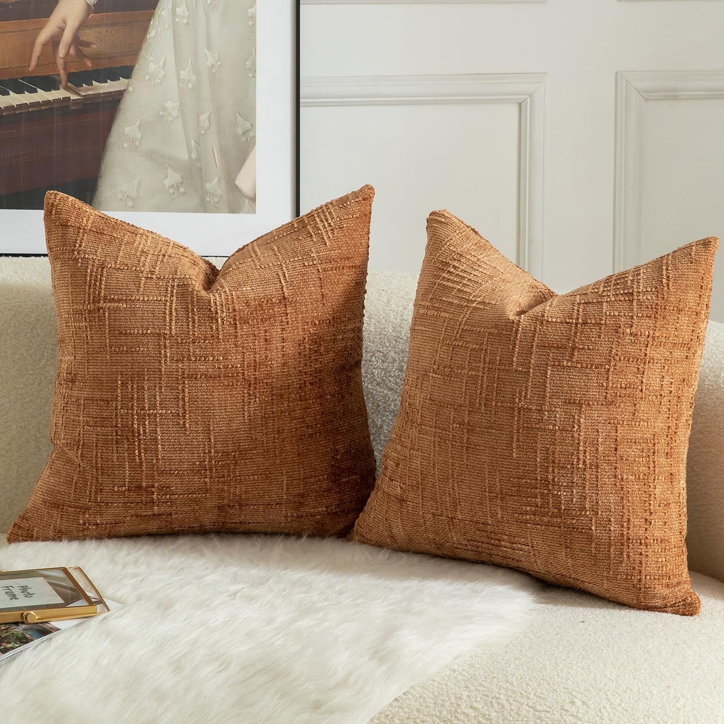 MANDIOO Pack of 2 Soft Chenille Textured Throw Pillow Covers Square Accent Solid Decorative Cushion Cover Cozy Farmhouse Pillow Case for Couch Sofa Bed Living Room 16x16 Inch Burnt Orange