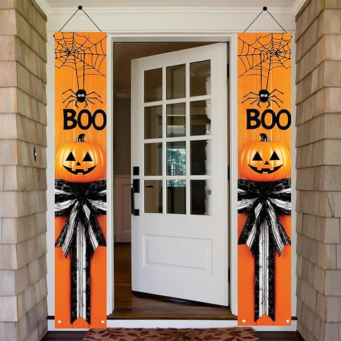 2PCS Halloween Porch Banner Boo Spider Pumpkin Signs 71 x 12 Inch Halloween Front Door Hanging Decor Outdoor Indoor Wall Decorations for Party Entryway Supplies