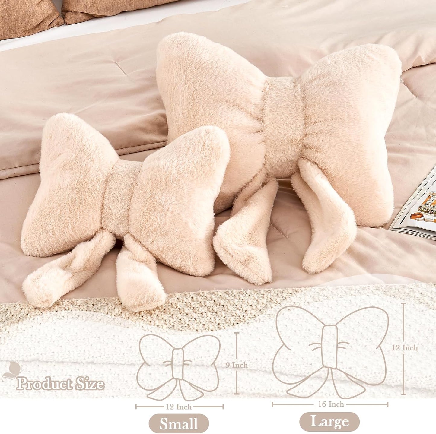Beige Bow Pillow, Soft Bow Decorative Pillows with Faux Rabbit Fur, Cute 16" Bow Throw Pillows, Aesthetic Home Decor Bow Shaped Plush Pillow for Bedroom Sofa Couch