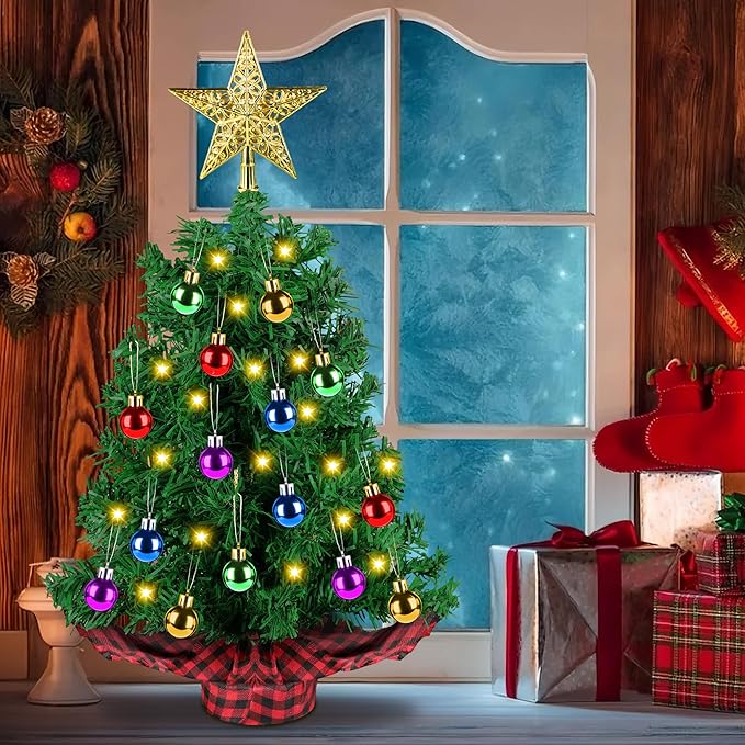 [ 8 Modes & Timer] 2 Ft Tabletop Christmas Tree with LED Lights, Mini Artificial Christmas Tree Battery Operated Small Xmas Tree with Ball & Star Topper for Indoor Home Office Holiday Party Decor