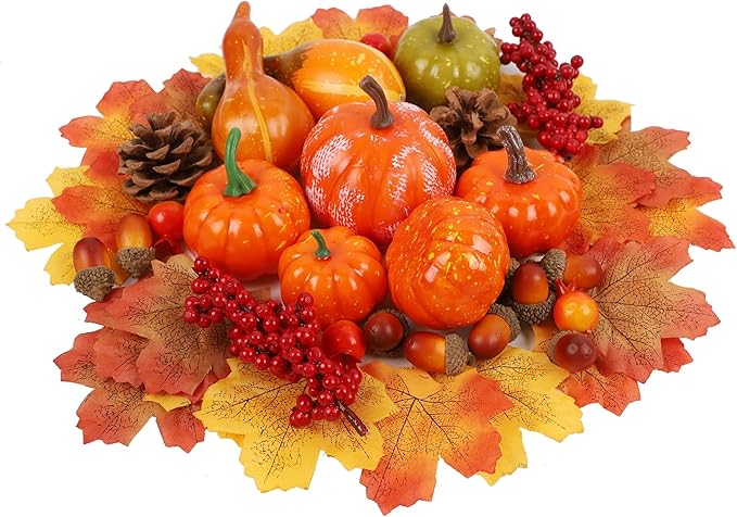 winemana 57pcs Fall Decorations for Home - Small Pumpkins for Decorating with Fake Leaves, Gourds & Pinecones -Thanksgiving Decor for Table Centerpiece Indoor Room Autumn Harvest Decor