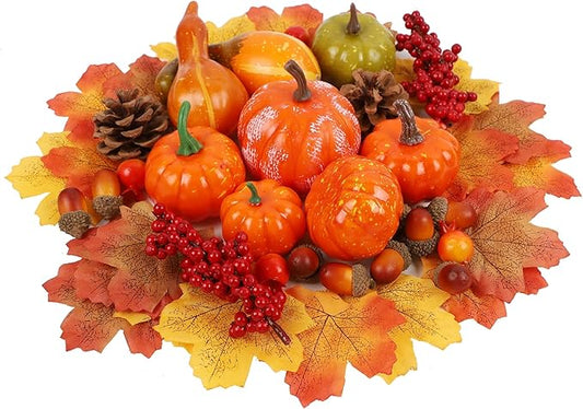 winemana 57pcs Fall Decorations for Home - Small Pumpkins for Decorating with Fake Leaves, Gourds & Pinecones -Thanksgiving Decor for Table Centerpiece Indoor Room Autumn Harvest Decor