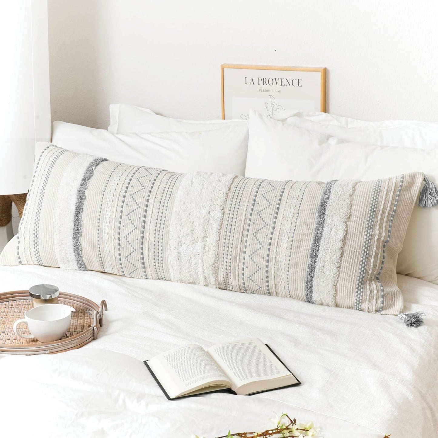 BlissBlush Large Body Pillow Cover for Bed 20x54 Gray Boho Accent Oversized Long Pillowcase for Bedroom Neutral White Decorative Cushion Farmhouse Home Décor (Cover ONLY, Pack of 1)