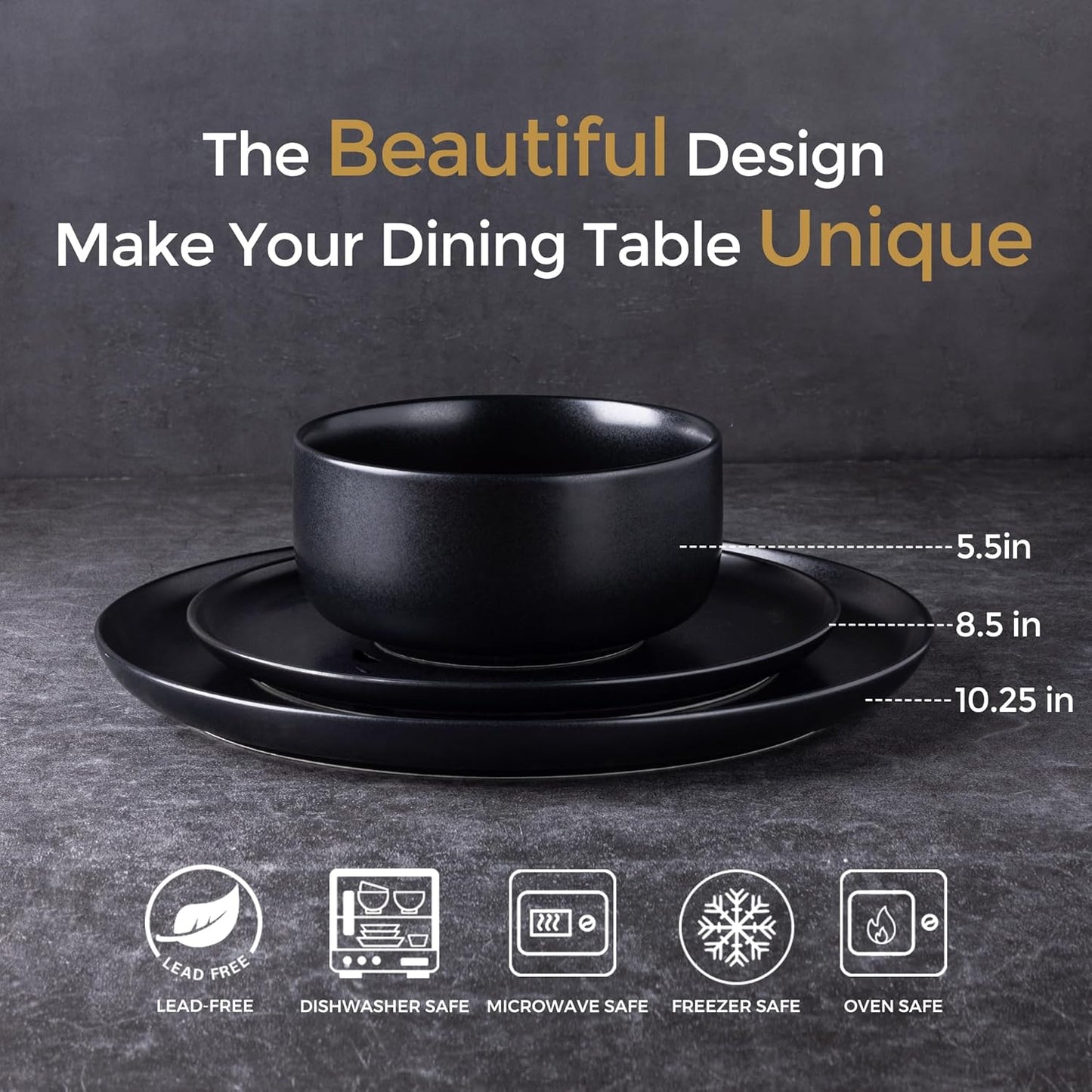 LERATIO Stoneware Dinnerware Sets for 6,Handcarft Ceramic Plates and Bowls Sets,Chip and Scratch Resistant Dishes, Dishwasher & Microwave Safe, Oven safe,Reactive Glaze-Black