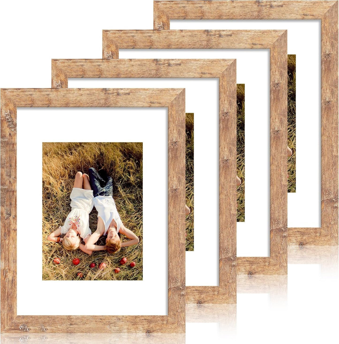iRahmen 9x12 Picture Frame Set of 4 with Tempered Glass, Rustic Brown Frame Display 6x8 Pictures with Mat or 9 x 12 Without Mat, Wooden 9 x 12 Photo Frame for Wall Mount and Tabletop Display