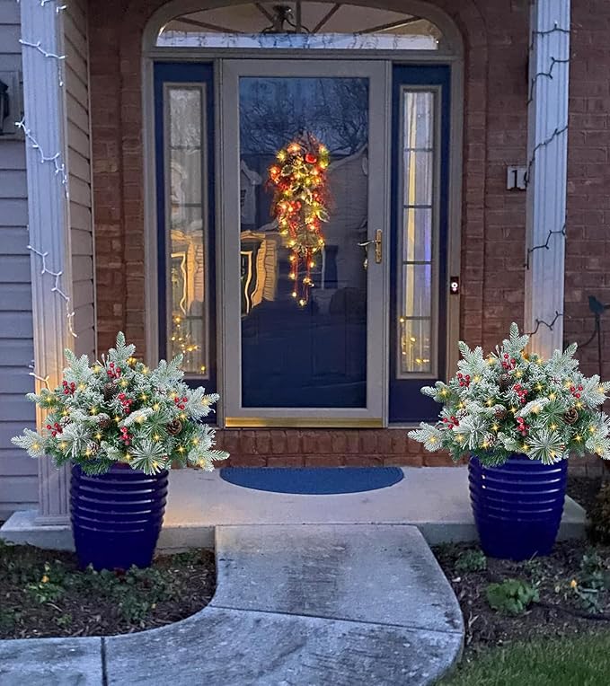 24'' Small Pre-lit Christmas Trees Outdoor Flocked Artificial Christmas Trees with LED Lights Berrys Pinecone Christmas Urn Filler Mini Xmas Tree for Porch & Yard - Set of 2