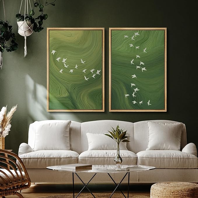 SIGNFORD Framed Canvas Print Wall Art Set Green Swirl Abstract White Birds Illustration Modern Art Decorative Nordic Nature for Living Room, Bedroom, Office - 24"x36"x2 Natural