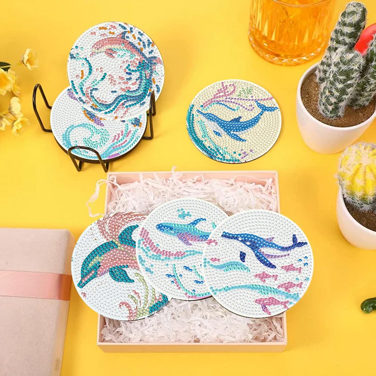 EWJRNSF 10 PCS Diamond Art Coasters Kit, Small Diamond Painting Coasters, Fall Diamond Art Kits for Adults Beginners, Arts and Crafts Supplies Item Sets with Holder Ocean