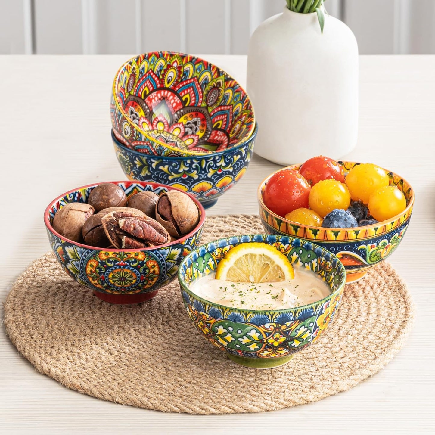 Henten Home 6.5 oz Small Dessert Bowls, Porcelain Boho Snack Bowl Set of 6 - Ceramic Colorful Bowls for Salsa, Dipping, Sauce, Decorative, Microwave & Dishwasher Safe
