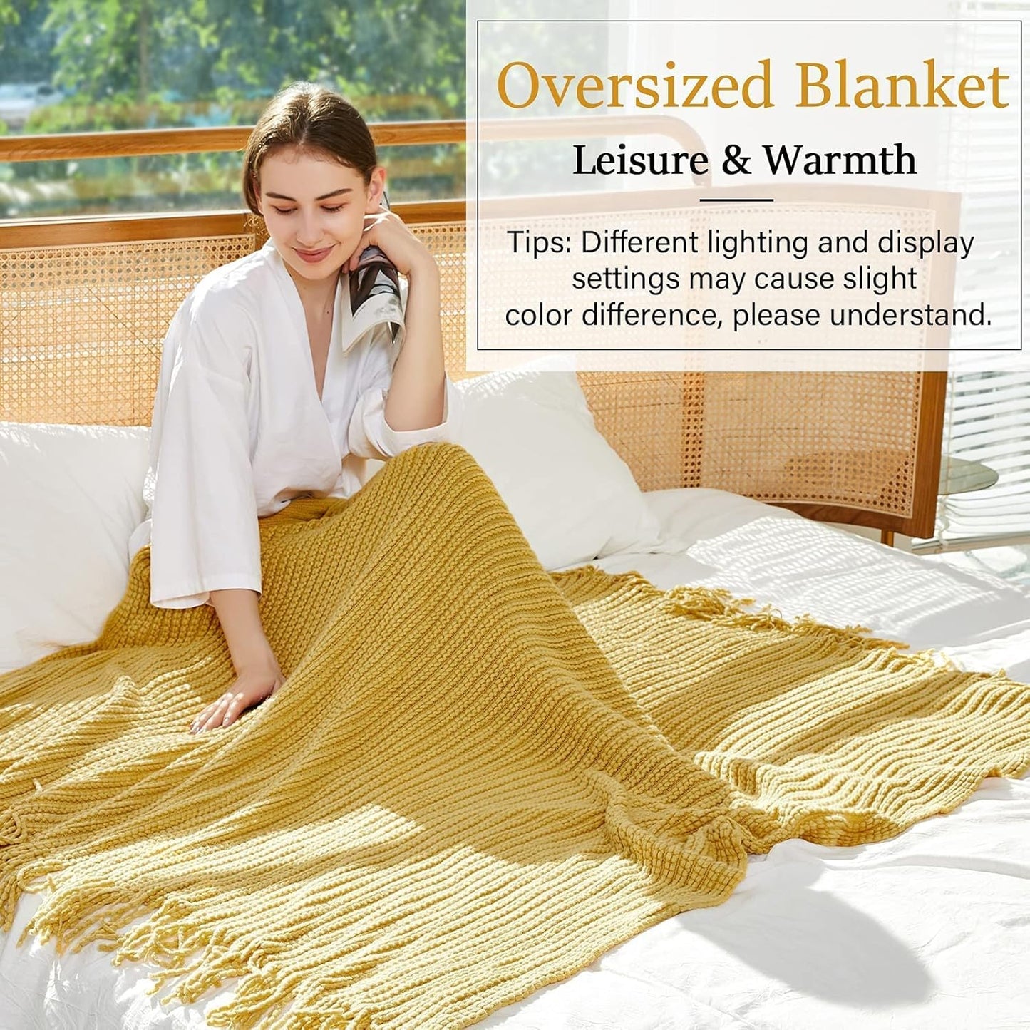 Blagic Knitted Throw Blanket for Couch Soft Farmhouse Boho Throw Blanket with Tassels Home Decorative Lightweight Throw Blankets,Mustard Yellow Throws for Bed/Chair/Sofa, Wheat Textured,50" W x 60" L