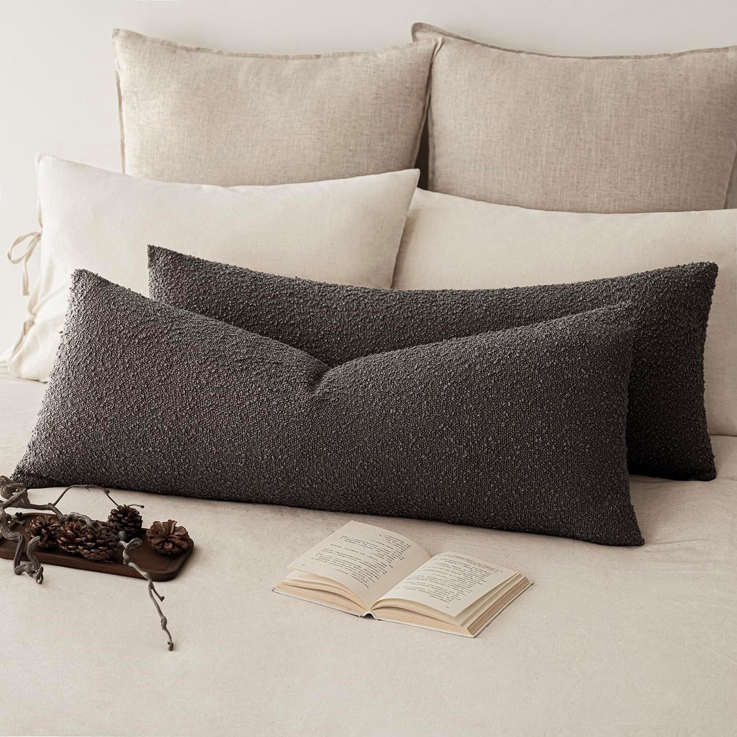 Foindtower Decorative Textured Boucle Throw Pillow Covers Accent Solid Pillow Cases Neutral Long Body Lumbar Couch Cushion Case for Chair Sofa Bedroom Living Room Home Decor 14x36 Inch,1PC,Dark Brown