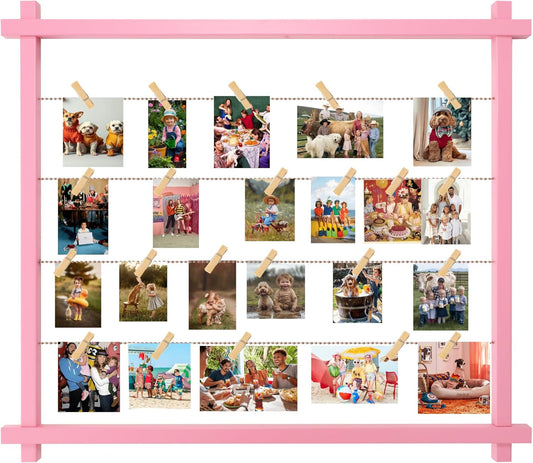 Collage Picture Frame for Nursery,Photo Display Board for Kids,Hanging Pictures Frames with Clips for Kid Graduation Birthday Party,Children Room Wall Decor,Upgraded,Easy To Assemble,Large(Pink)