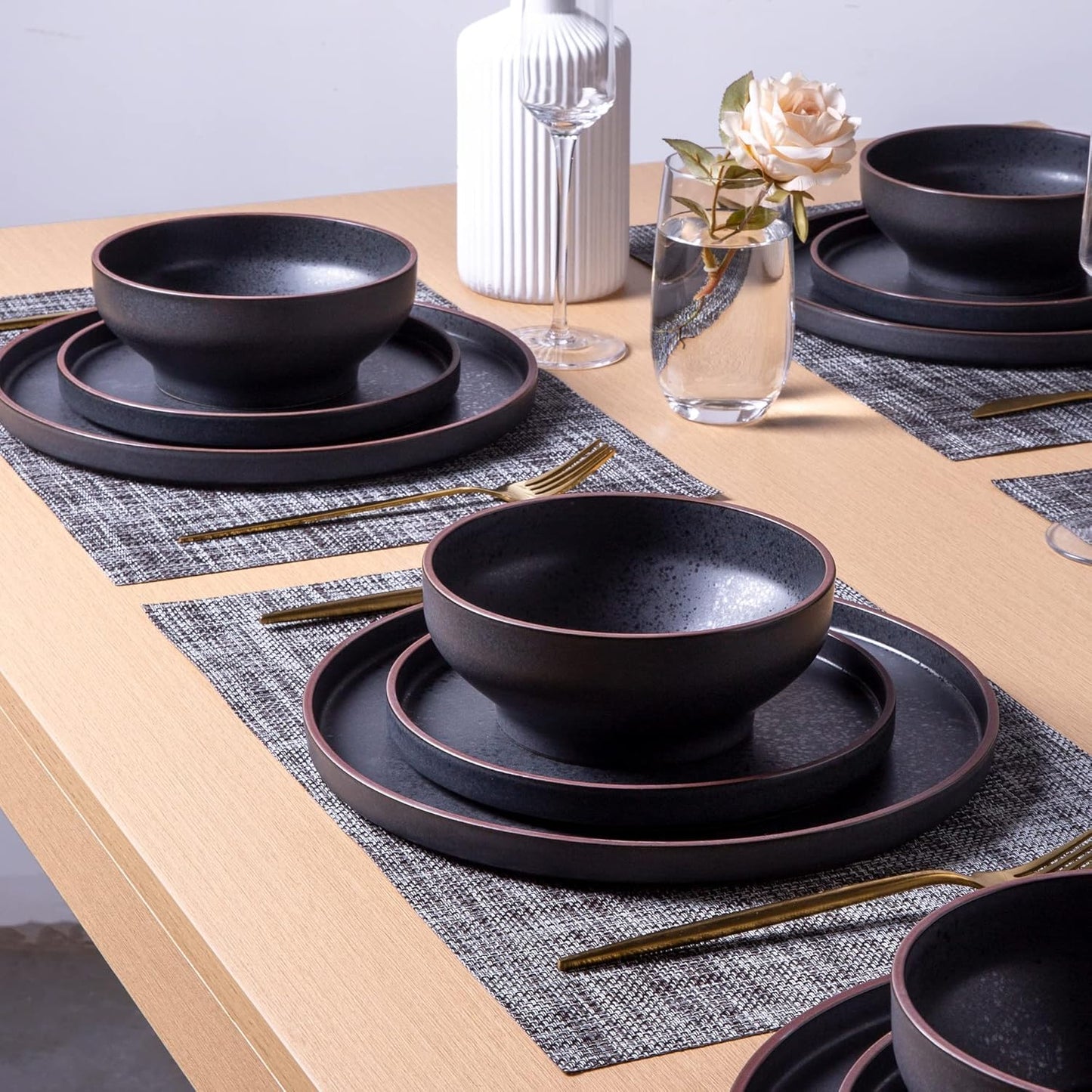 LERATIO Salad Plates,8.0 inch ceramic plates,Ceramic Salad Plates Set of 6,Modern Shape Dinnerware Dishes Set for Kitchen, Microwave & Dishwasher & Oven Safe,Matte Black with coffee rim