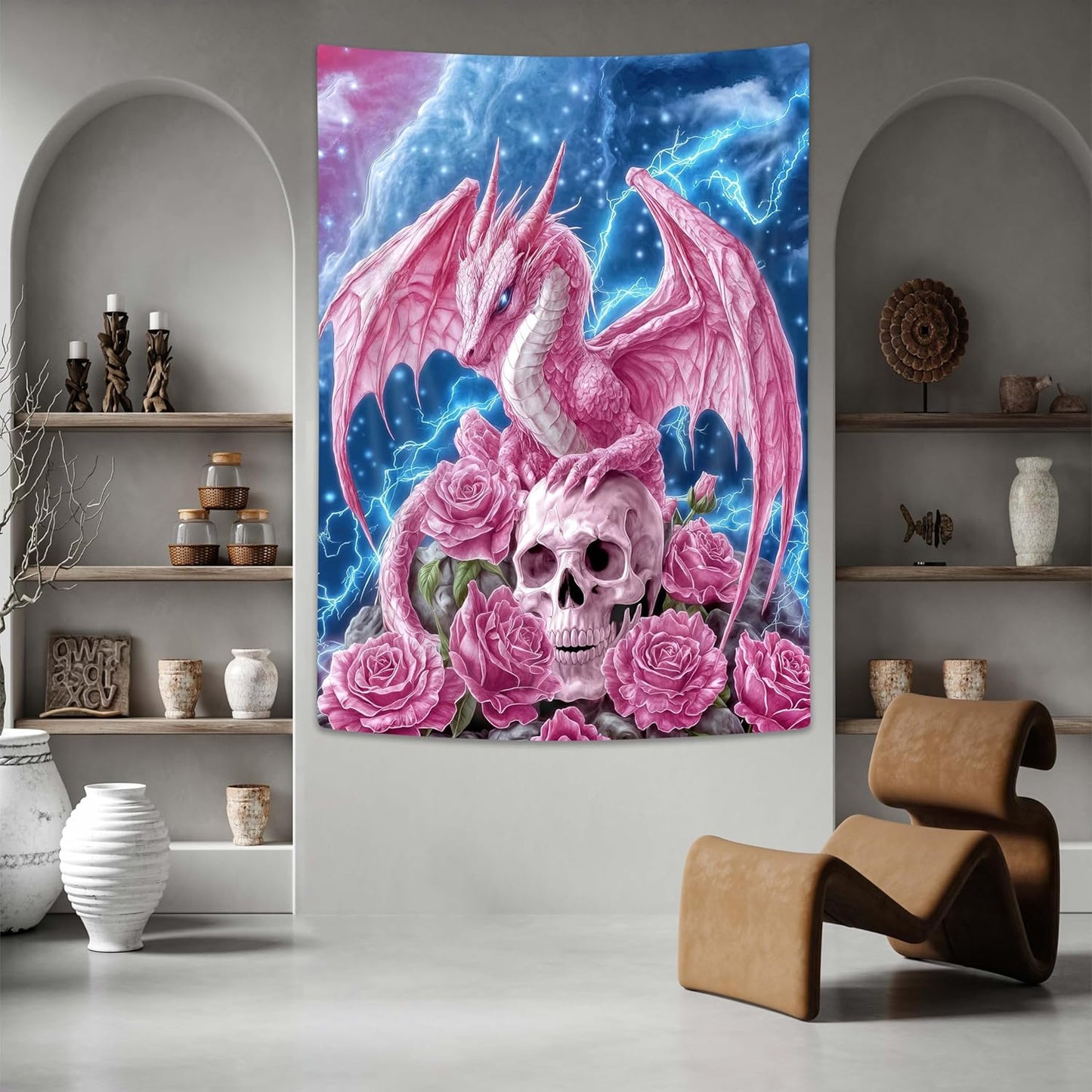 DYNH Pink Dragon Dragon Art Tapestry,Rose Flowers Skull Skeleton Gothic Tapestries,Lightning Flash Dreamy Wall Hanging for Bedroom Living Room,70X90Inches