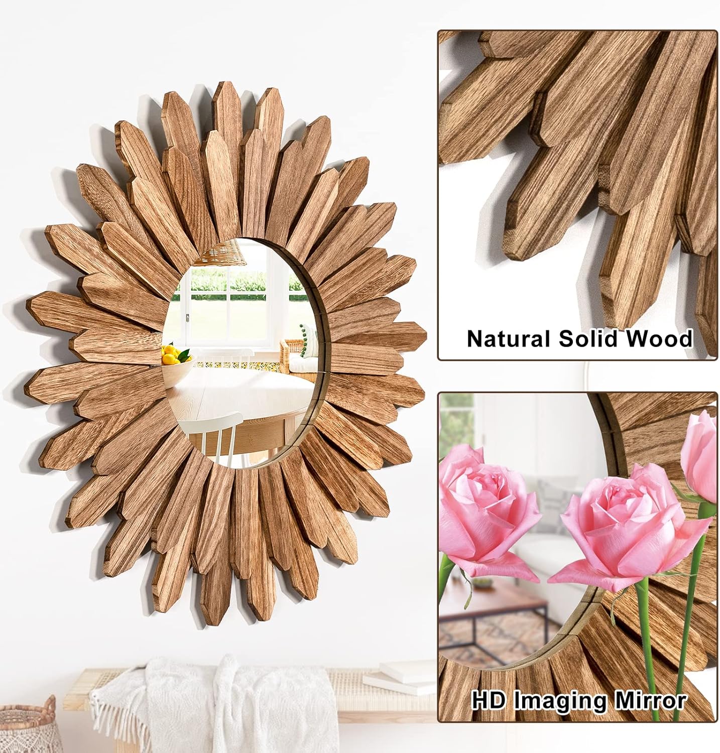 Emfogo Wall Mirror 21 inch Rustic Wood Farmhouse Mirror Sunburst Boho Mirror Wall Decor Room Decor Home Aesthetic Decor for Bedroom Living Room Entryway (Carbonized Black)