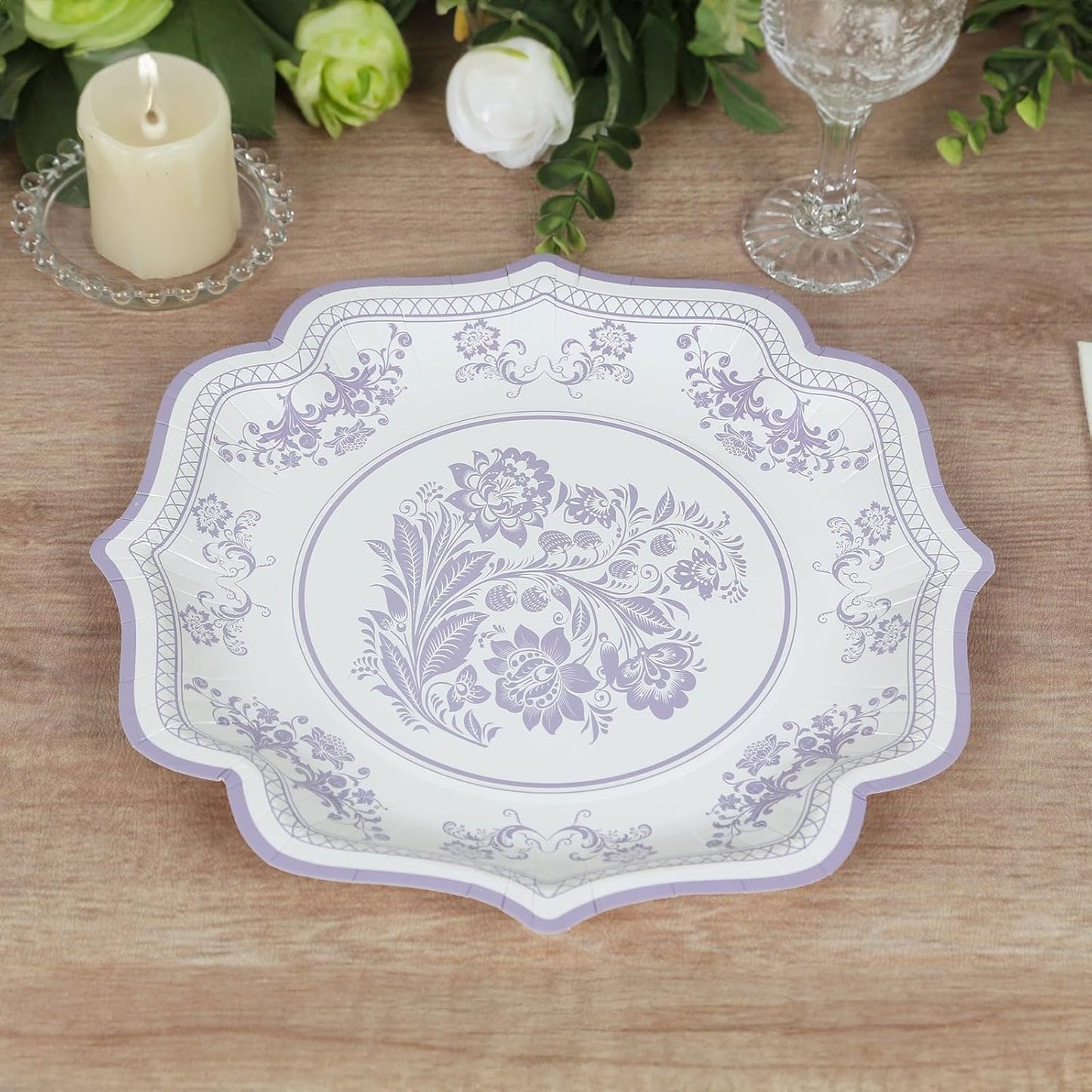 Efavormart 25 Pack White Lavender Lilac Paper Dessert Plates in Damask Floral Pattern, 8" Round Disposable Salad Appetizer Plates with Scalloped Rims - 300 GSM
