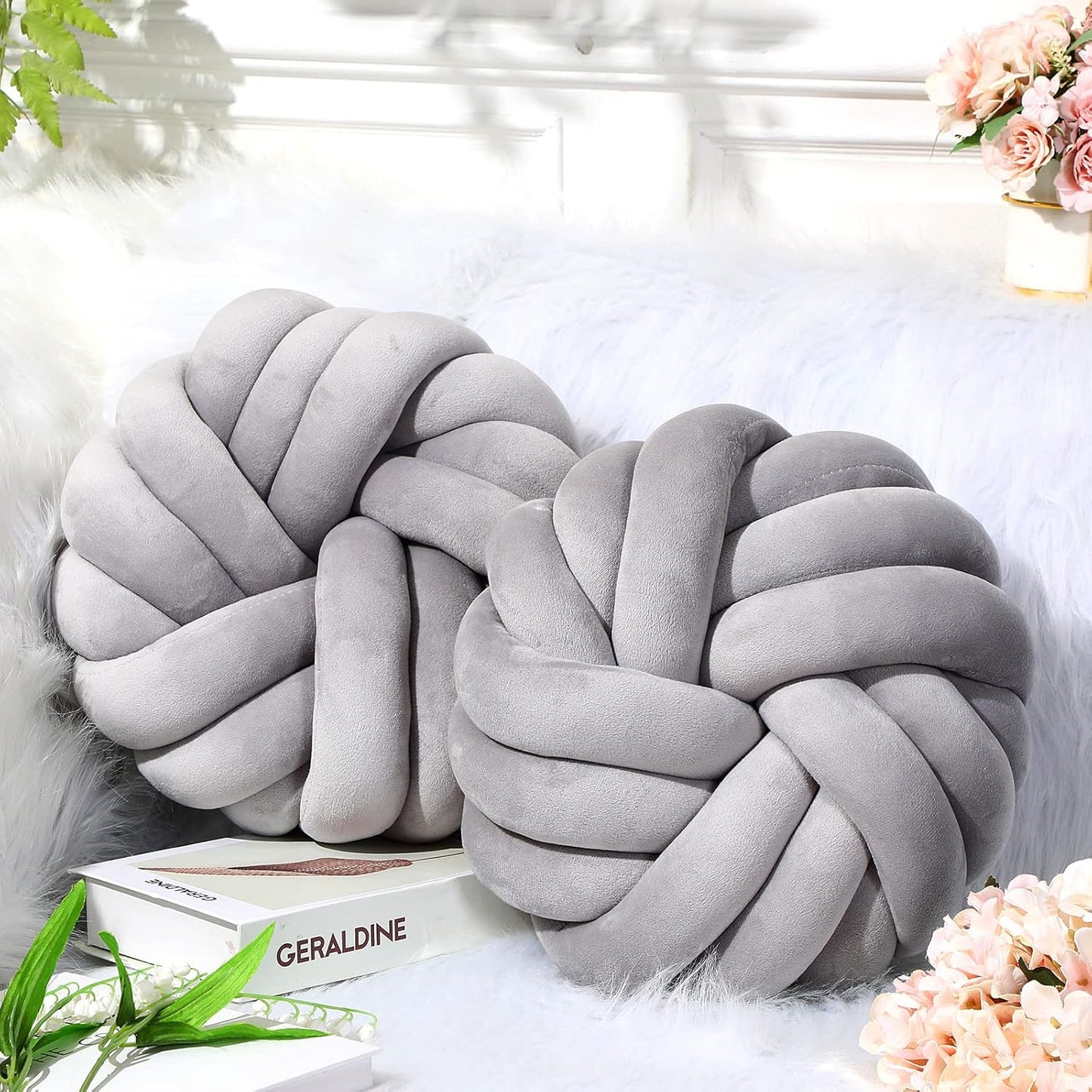Fumete 2 Pcs 14 Inches Knot Pillow Round Throw Soft Plush Knot Ball Pillow Handmade Knotted Modern Home Decorative Cushion for Bed Bedroom, Sofa, Couch (Gray)