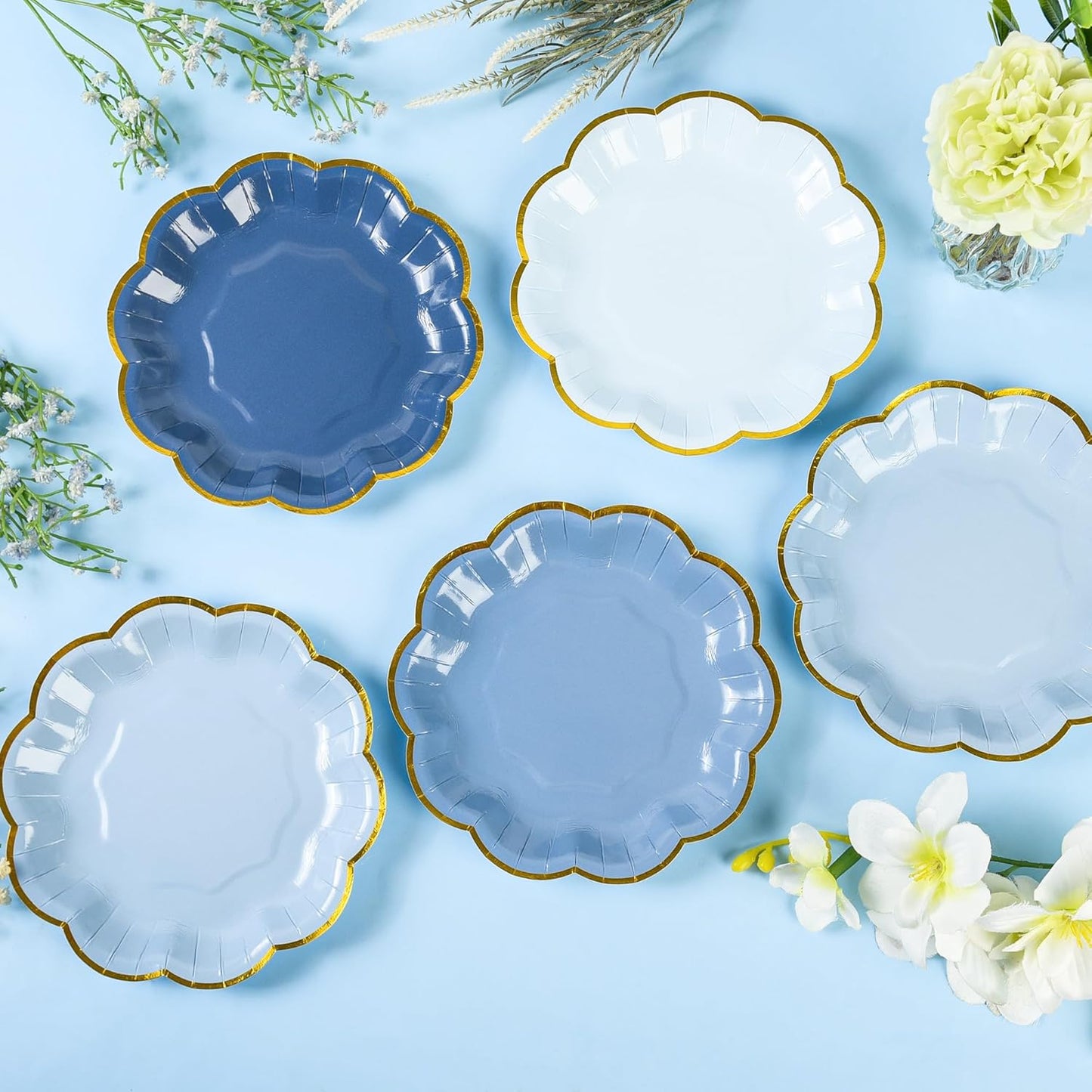 Dusty Blue Party Plates Gradient Blue Dessert Paper Plates 7inch Gold Foil Scalloped Edge Disposable Cake Plates for Tea Party Birthday Bridal Baby Shower Wedding Party Supplies (48)