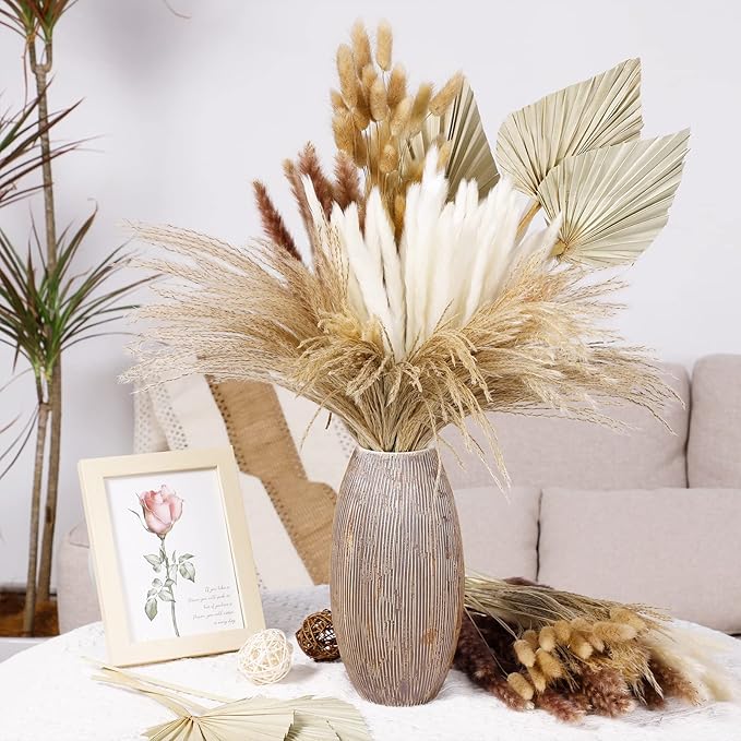110 Pieces Dried Pampas Grass Decor Bulk, Dried Palm Spears Bunny Tails Pampas Reed Grass Dried Palm Leaves Dried Flower Bouquet for Wedding Boho Home Decor