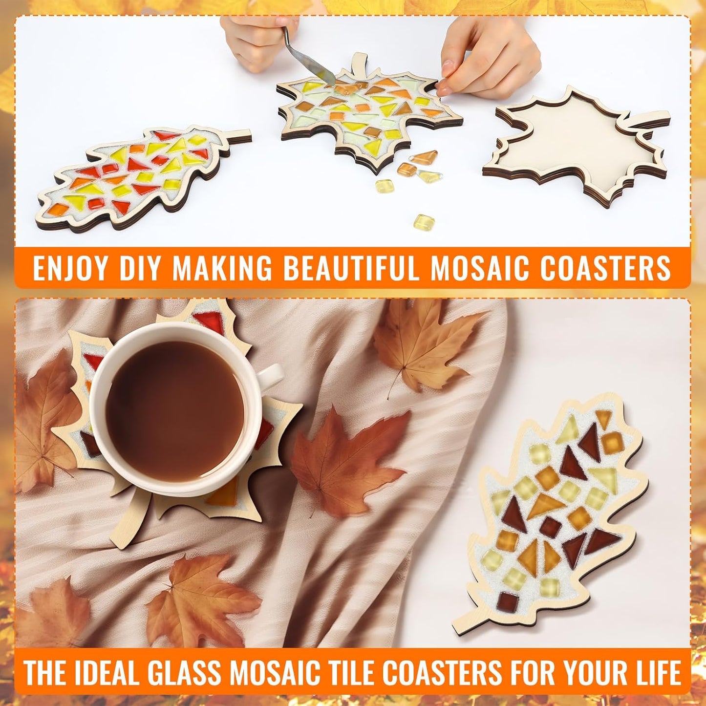 Honeydak 6 Sets DIY Glass Mosaic Tiles with 6 Wooden Coasters Making Mosaic Crafts Material Package Mixed Stained Glass for Handmade Colorful Home Decor Gift Indoor(Maple Leaf,Autumnal Color)