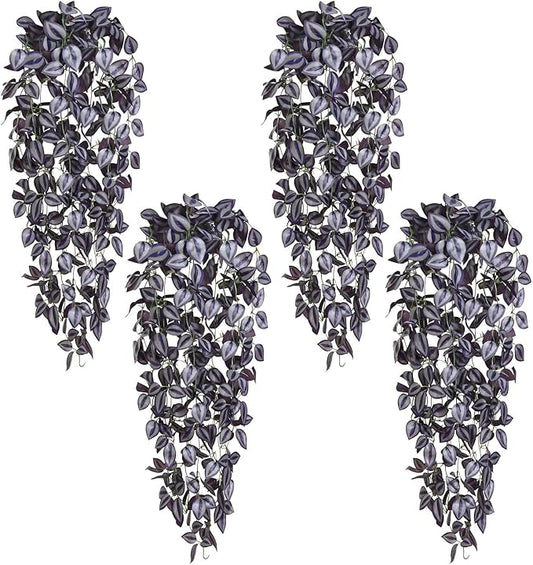 BLEUM CADE Fake Hanging Plants, 4pcs Artificial Hanging Plant, Faux Deep Purple Vines Hanging Plant for Wall Home Living Room Indoor Outdoor Halloween Decor (No Baskets)