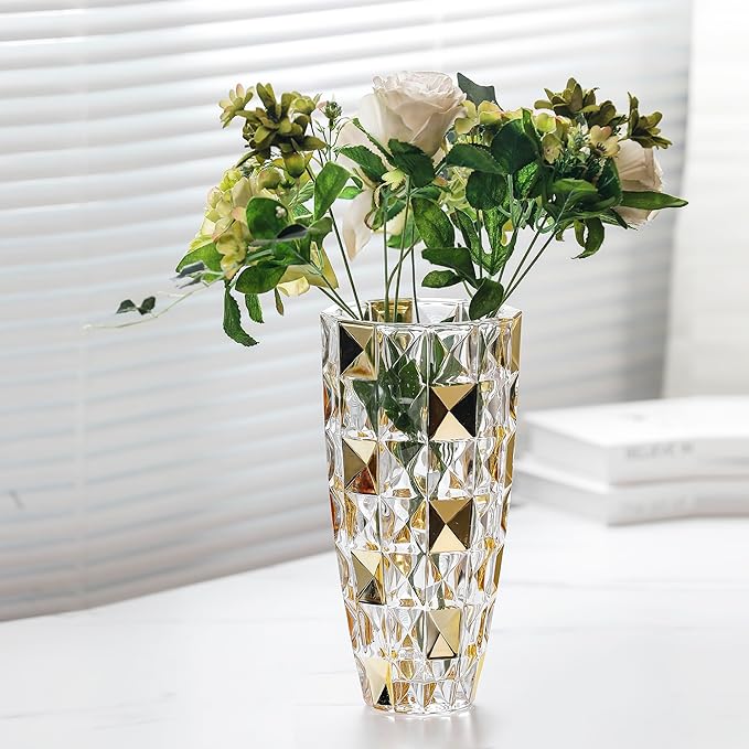 Unique Diamond-Shaped Gold Color Glass Flower Vase 11.8" Tall for Home Decor, Dining Wedding Table Office Holiday Party Centerpiece Decoration. (Gold)