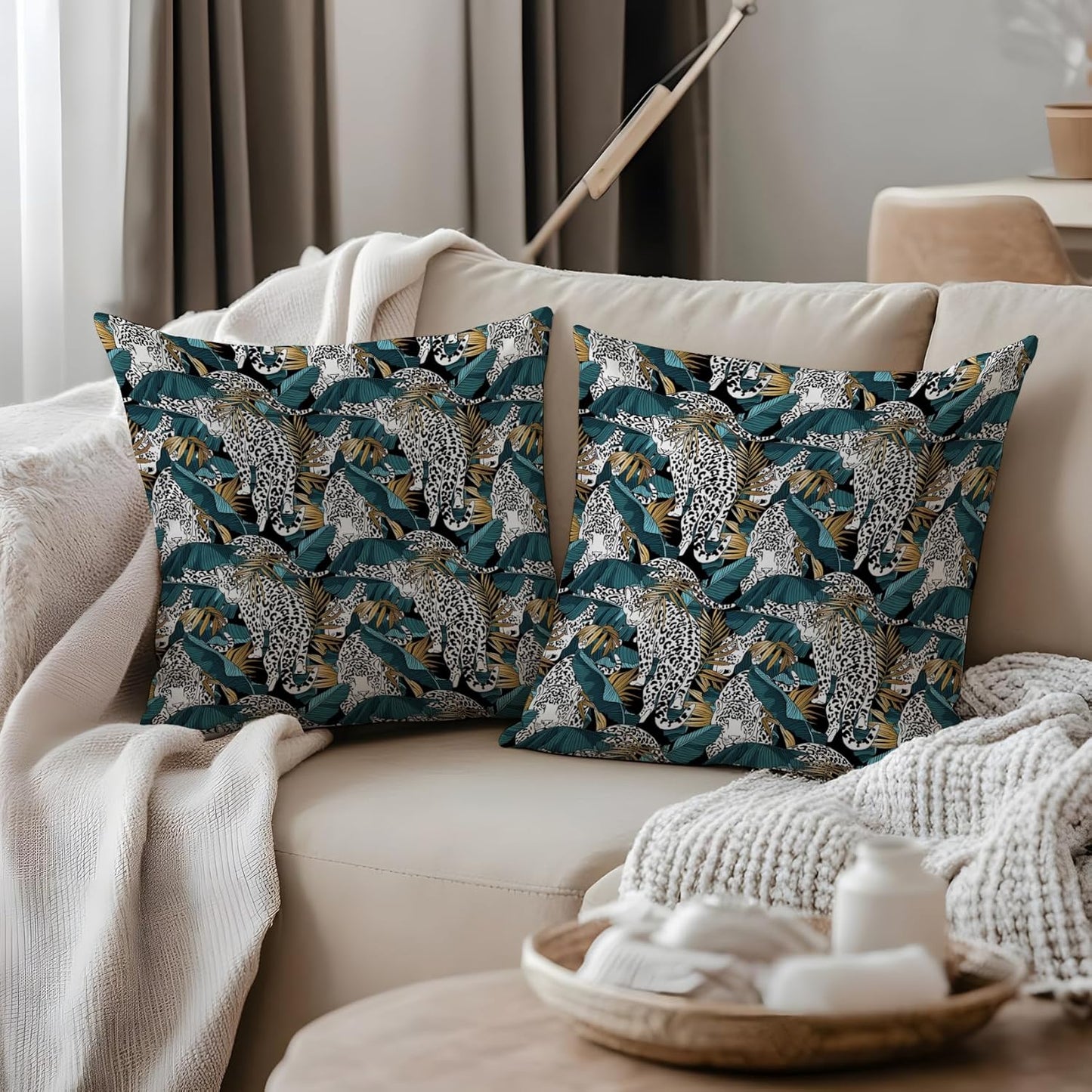 Exotic Tropical Jungle Leopard Print Pillow Covers 18x18, Cheetah Print Room Decor, Tropical Palm Leaf Cheetah Decorative Throw Pillow Covers for Home Bedroom Living Room