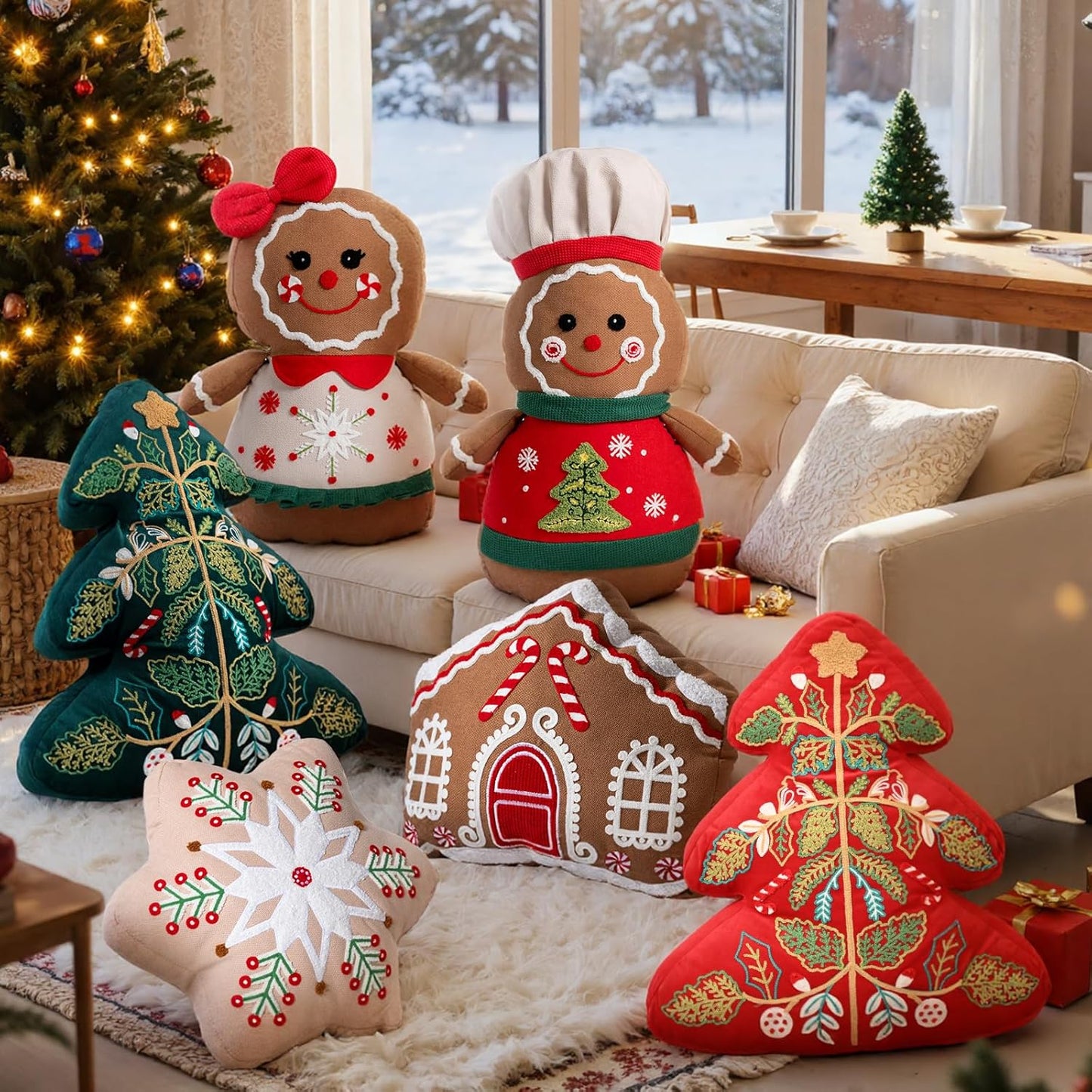 Lanpn Christmas Throw Pillows Set of 3, Christmas Decoration Winter Throw Cushion Snowflake Gingerbread House 3D Shaped Xmas Tree Pillow for Sofa Living Room Bedroom Xmas Decor