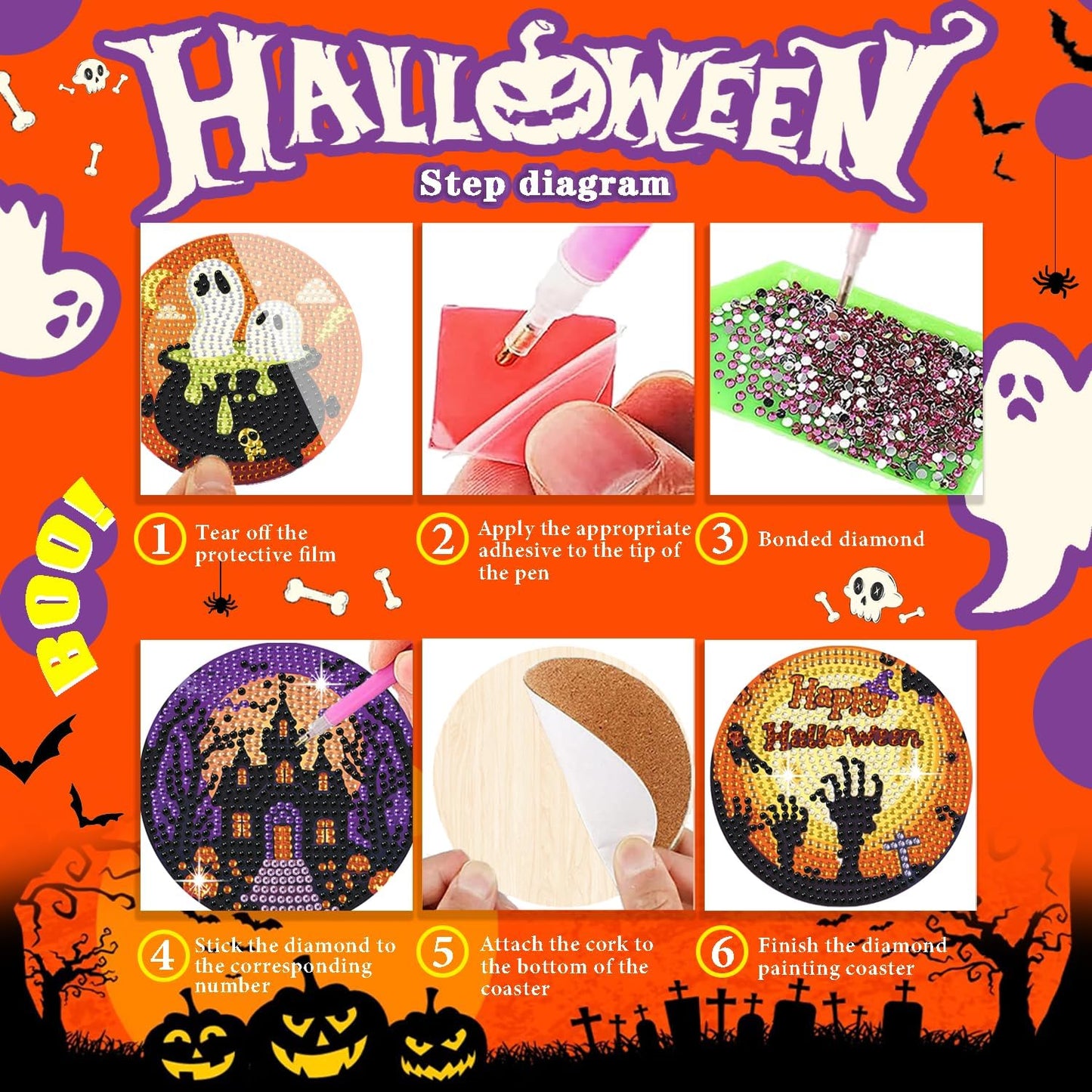 Leatrice 6PCS Halloween Diamond Art Coasters Kits Small Diamond Painting Kits for Adults Beginners Women Gem Art Coasters with Holder Funny Arts Supplies for Halloween Party Trick or Treat