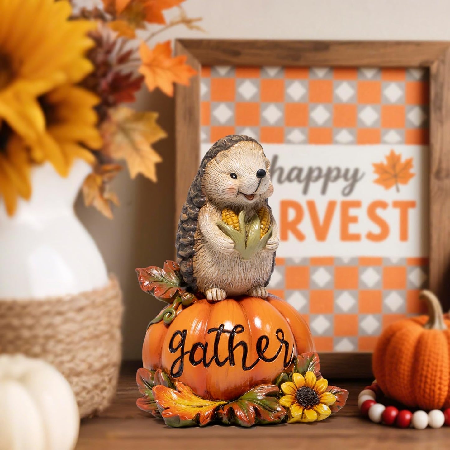 Hodao Harvest Hedgehog Pumpkin Figurine – Autumn Fall Decoration with Pine Cone, “Gather” Engraved Pumpkin – Thanksgiving Home Table Centerpiece Decor, Family Gathering Blessing Ornament (Orange-1)