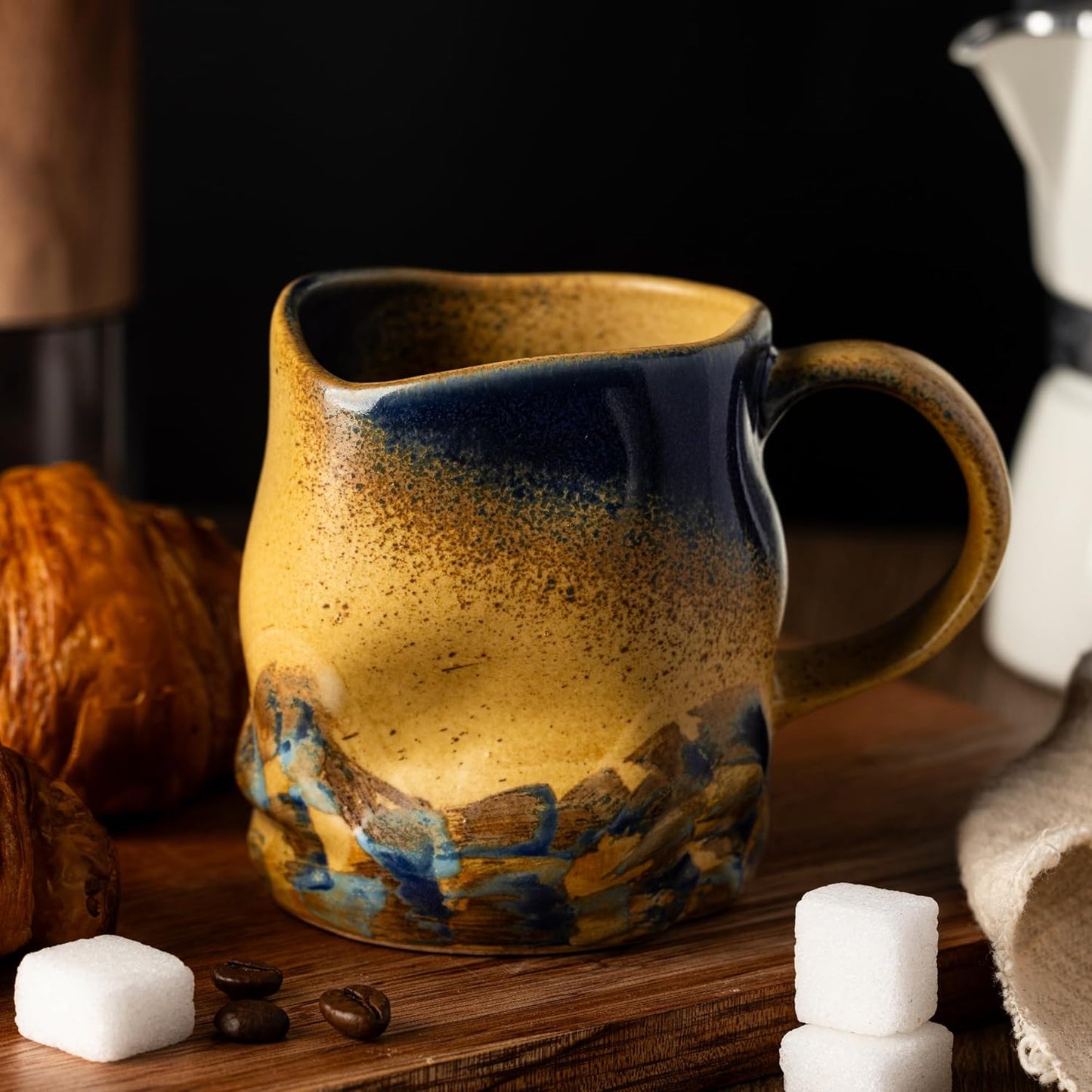 Handmade Ceramic Coffee Mugs, Mugs with Coffee Spoon, 11oz, Handmade Pottery Mug with Handle, Hand-painting, Unique Uneven Surface Tea cups, Dishwasher and Microwave Safe (Yellow)