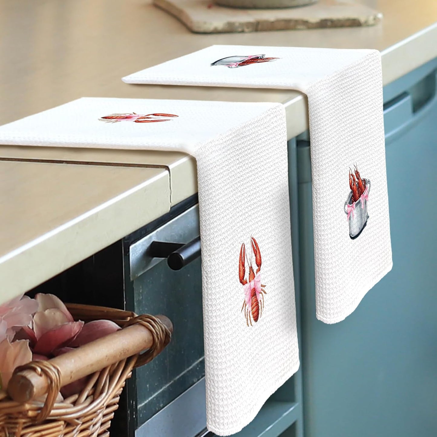 Coquette Crawfish Kitchen Towels - Preppy Coastal Seafood Boil Dish Towels, Ocean Beach Lobsters Decorative Absorbent Dishcloths Hand Towel Set of 2 for Beach House Kitchen Decor 16x24 Inches