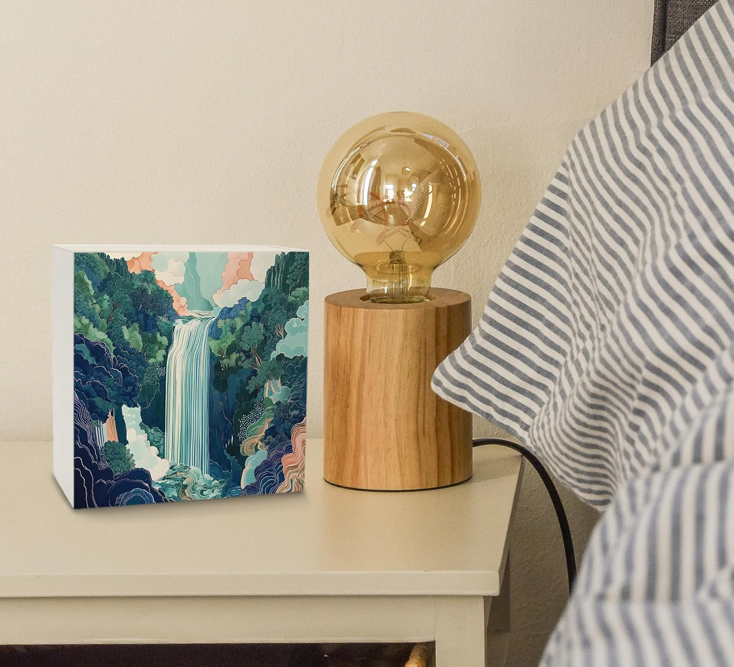 Ku-Dayi Blue and Green Waterfall Abstract Wooden Box Sign, Mountain River Forest Wood Box Decorations for Home Office, Nature Japanese Forest Landscape Wooden Block Plaque Desk Shelf Decor 5x5 Inch