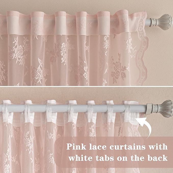 MEETSKY Pink Lace Curtains 96 Inch Length Set of 2 Vintage Victorian French Pretty Elegant for Girls Room Light Filtering Privacy Protect Back Tab Rod Pocket Sheer Drapes, 50"W Each Panel, Light Pink