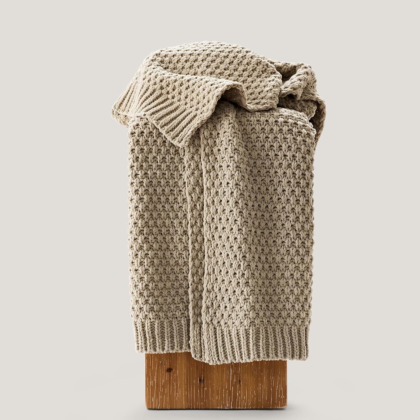 EVERGRACEHOME Chunky Chenille Knit Throw Blanket for Couch, Soft Luxurious Moss Stitch Blankets for Bed, Cozy Decorative Farmhouse Knitted Throws for Sofa, Sand Dune, 60" x 80"