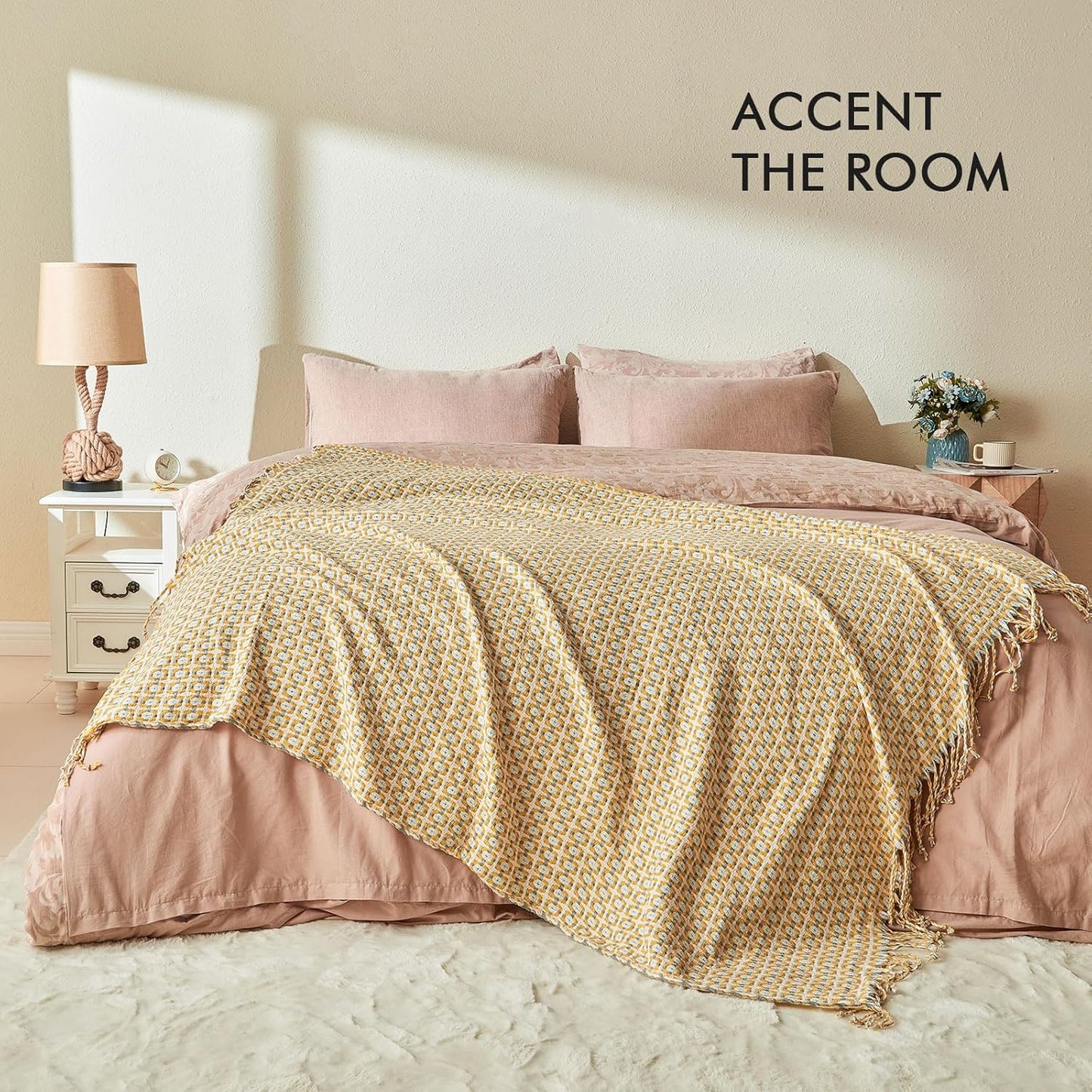 lifein Throw Blanket for Couch - Boho Throw Blanket, Knit Woven Blanket, Soft Decorative Blankets&Throws with Tassels for Bed,Sofa,Chair,Home Decor(50x60in,Yellow/Mustard)