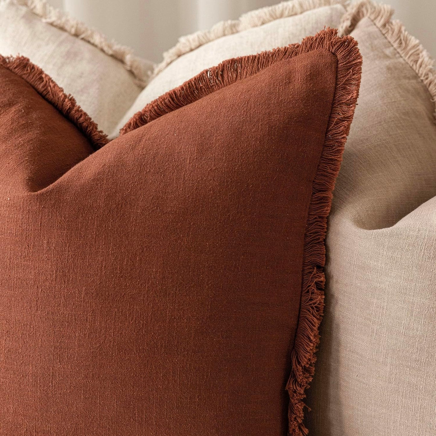 Foindtower Decorative Linen Fringe Throw Pillow Covers Boho Farmhouse Cushion Cover with Tassels Soft Accent Pillowcase for Chair Sofa Bed Living Room Home Decor, 24×24 Inch, 1PC,Fall Rust Orange